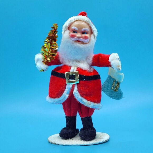 1950s Santa Claus Figure Celluloid Face Felt Suit Tinsel Bottle Brush Tree Japan - Picture 2 of 9